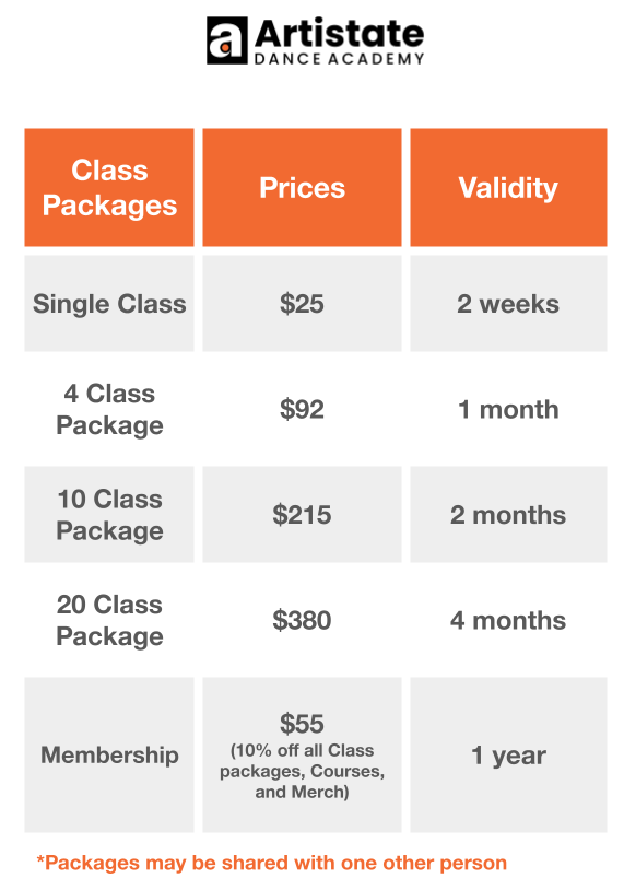 Artistate Dance Academy Pricing Options